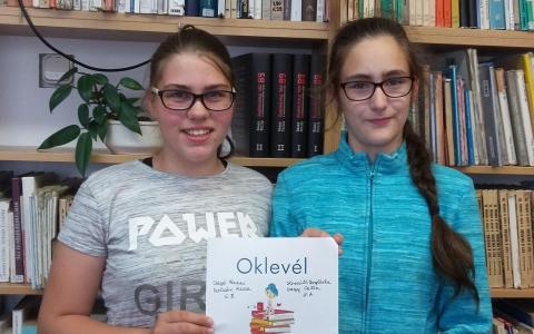 "Barátunk a könyv" 2018. megyei pályázat díjazott csapata: Csapó Fanni, Molnár Anna 6.b.